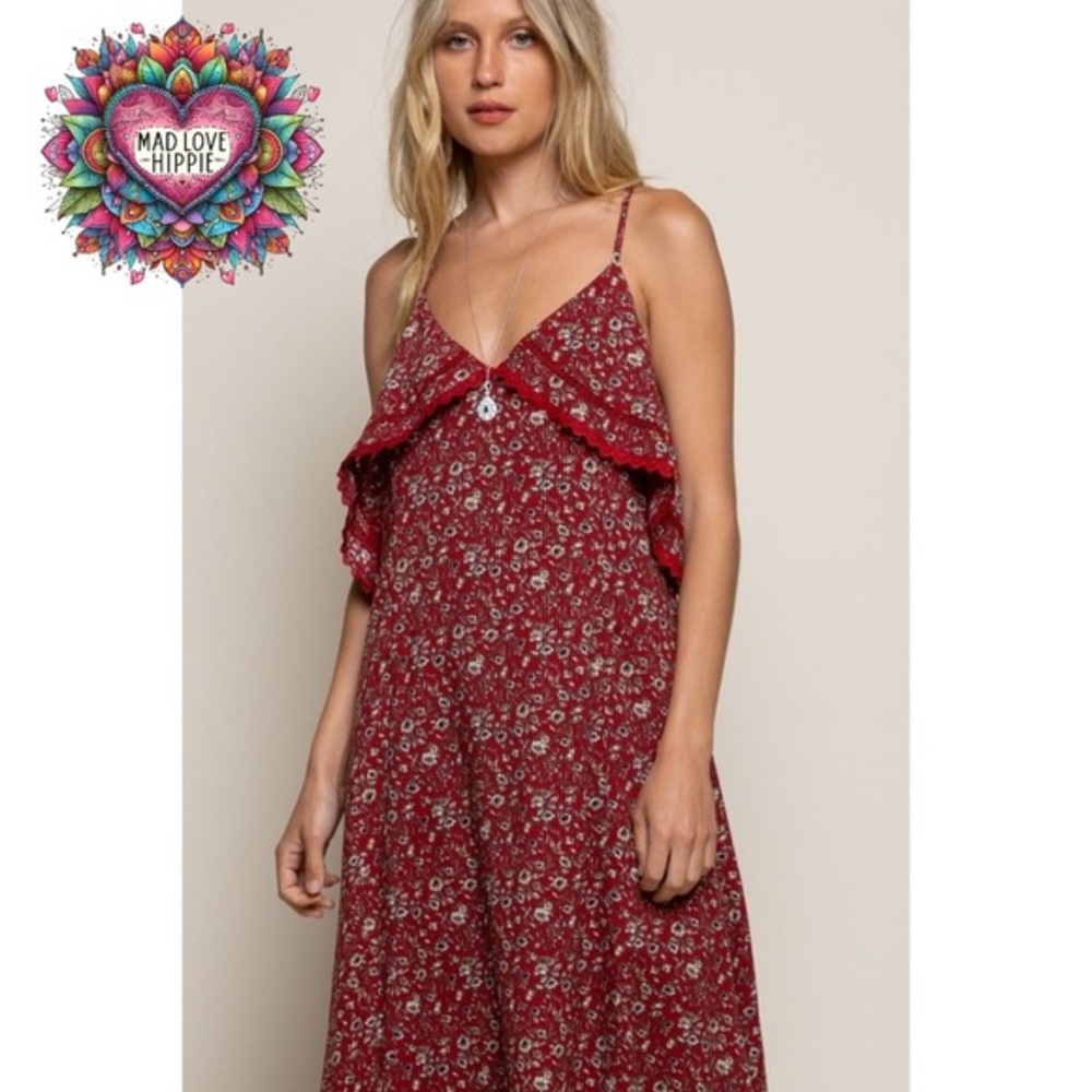 POL Red Floral Print Relaxed Fit Sleeveless Ruffle Midi Dress